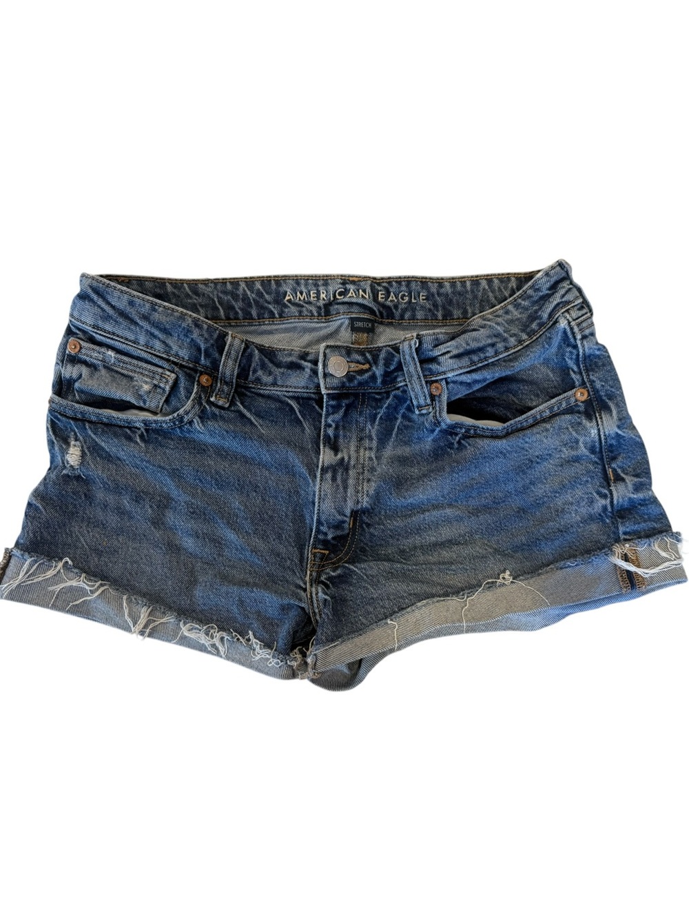 AE American Eagle Womens Stretch Denim Perfect Shorts Distressed Raw Hem Size 6